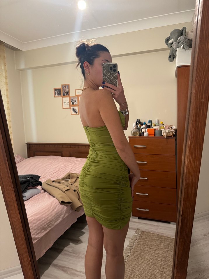 Drapeli Straplez Midi Kadın Elbise - Görsel 4