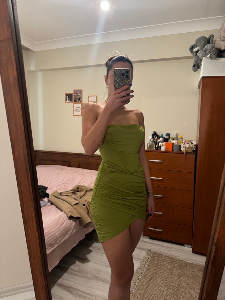 Drapeli Straplez Midi Kadın Elbise - Görsel 3