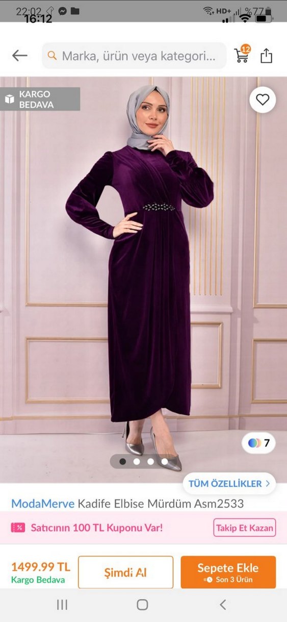 ModaMerve Kadife Mürdüm Uzun Elbise - Görsel 2