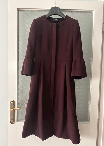 Bordo Nakışlı Kadın Uzun Kaban - Görsel 2