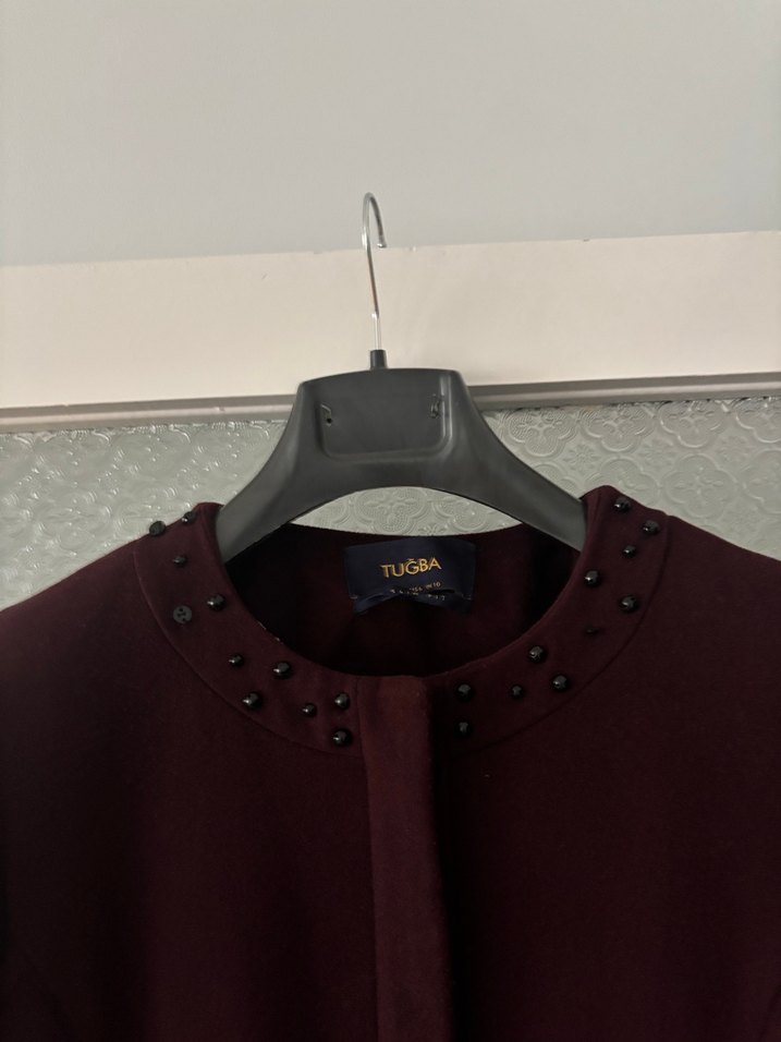 Bordo Nakışlı Kadın Uzun Kaban - Görsel 3