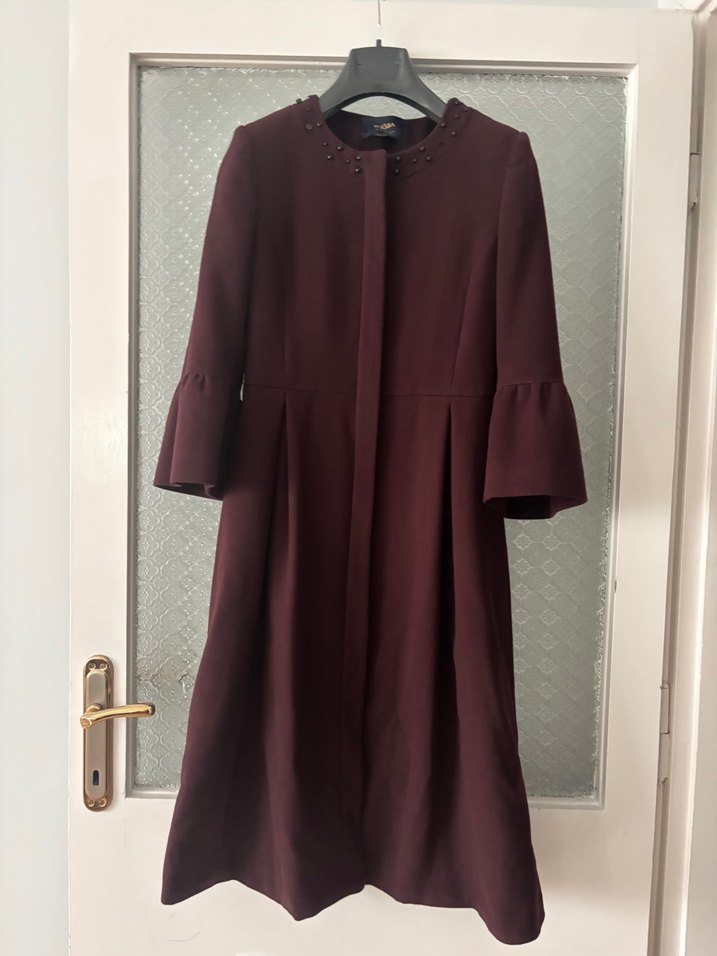 Bordo Nakışlı Kadın Uzun Kaban - Görsel 2