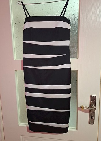 Uzun Siyah Gri Çizgili Drapeli Kalem Elbise - Görsel 8