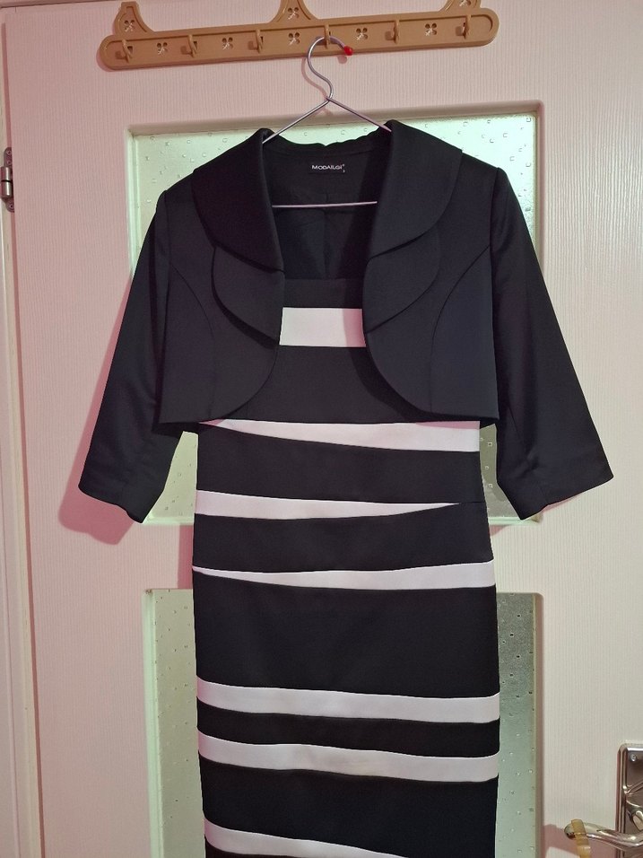 Uzun Siyah Gri Çizgili Drapeli Kalem Elbise - Görsel 5