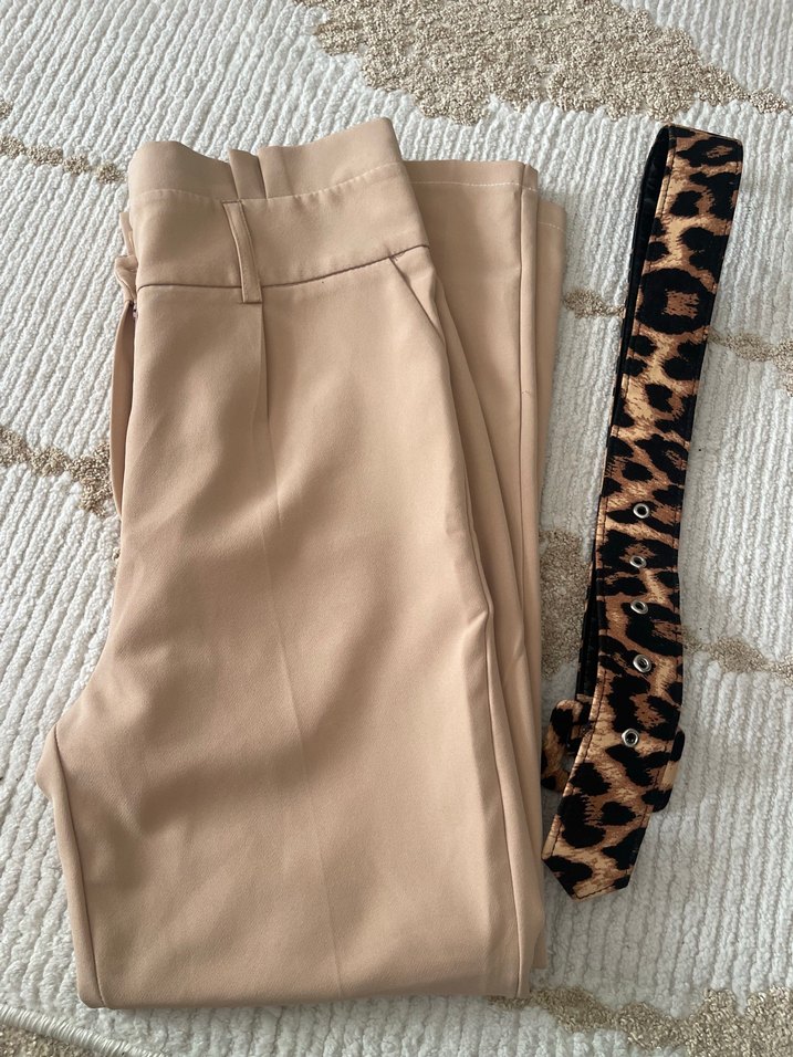 Leopar Desenli Kemerli Bej Kadın Kumaş Pantolon - Görsel 5