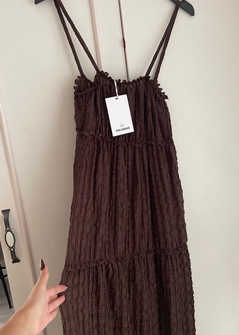Pull and Bear Kahverengi İnce Askili Volanli Elbise
