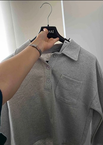 Gri V Yaka Uzun Kollu Salaş Kadın Sweatshirt - Görsel 3