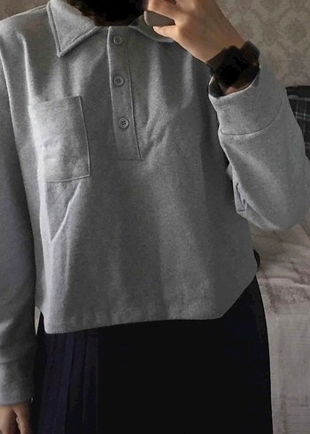 Gri V Yaka Uzun Kollu Salaş Kadın Sweatshirt - Görsel 4