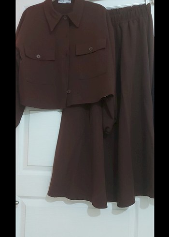 Düğmeli Kahverengi Kadın Uzun Takım - Görsel 2