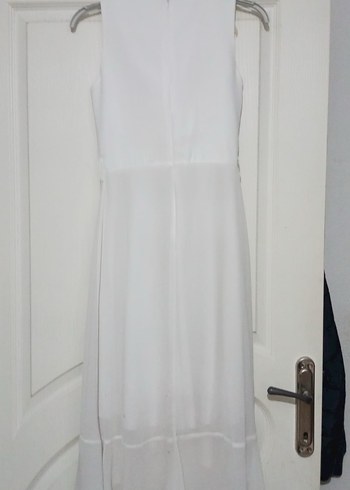 Beyaz V Yakalı Midi Elbise - Görsel 3