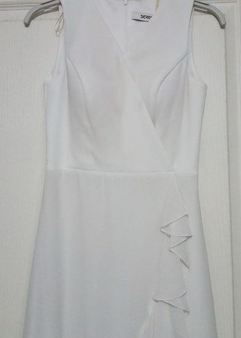 Beyaz V Yakalı Midi Elbise - Görsel 2