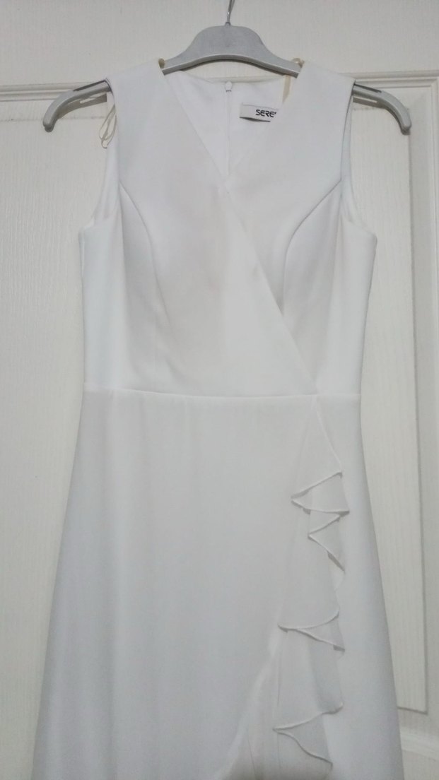 Beyaz V Yakalı Midi Elbise - Görsel 2