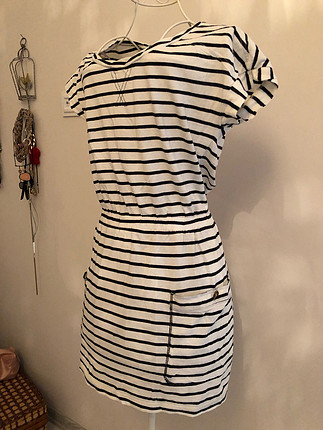 Çizgili siyah beyaz marin mini elbise pamuklu