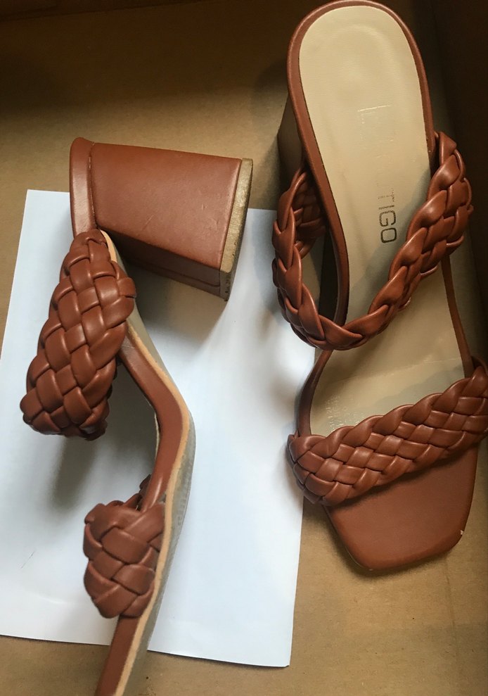 Deri Kahverengi Örgü Detaylı Blok Topuk Terlik - Görsel 3