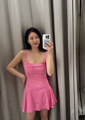 s Beden pembe Renk Zara Pembe Mini İnce Askılı V Yaka Elbise