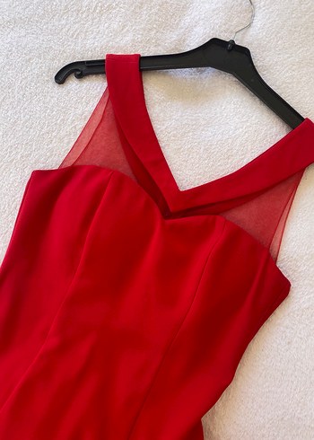 Kırmızı Uzun Drapeli Kadın Abiye Elbise - Görsel 2