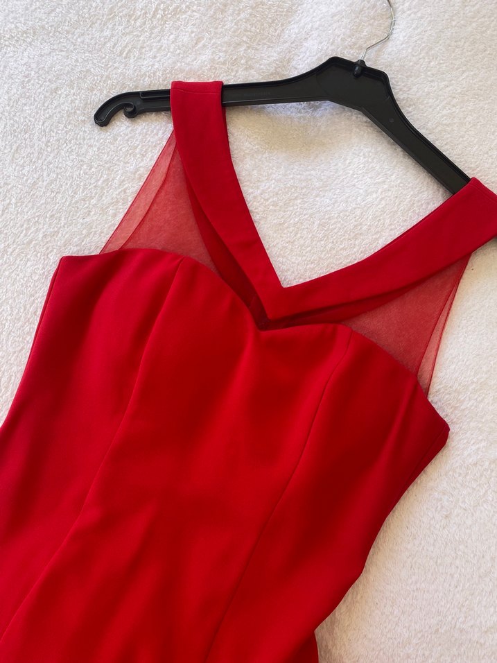 Kırmızı Uzun Drapeli Kadın Abiye Elbise - Görsel 2