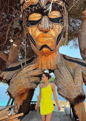 Sarı Drapeli Etno Desenli Mini Monokini