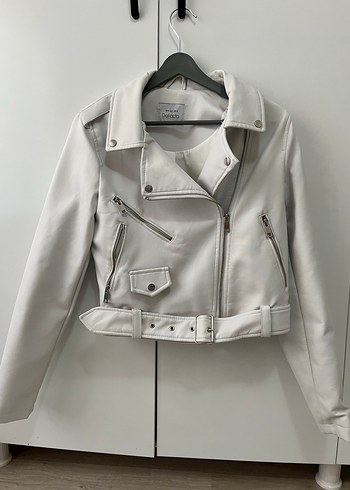 Beyaz Deri Kemerli Kadın Ceket - Görsel 3