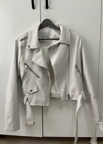Beyaz Deri Kemerli Kadın Ceket - Görsel 2