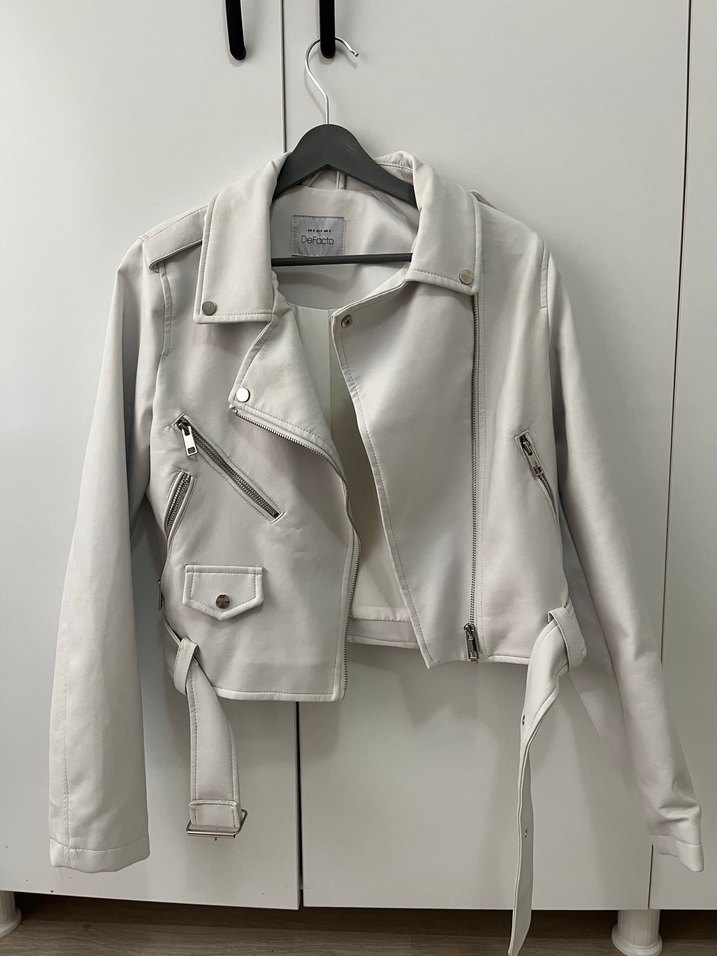Beyaz Deri Kemerli Kadın Ceket - Görsel 2