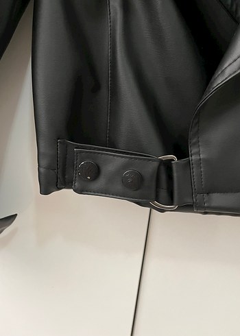 Kadın Siyah Kemerli Biker Deri Ceket - Görsel 6