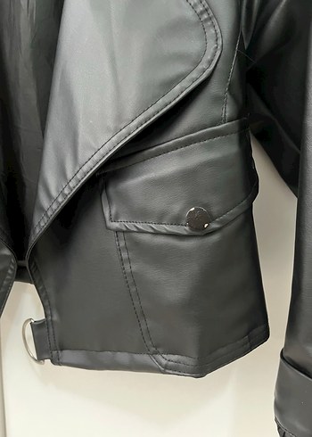 Kadın Siyah Kemerli Biker Deri Ceket - Görsel 5