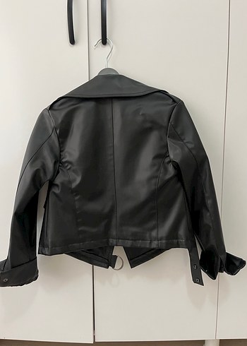 Kadın Siyah Kemerli Biker Deri Ceket - Görsel 4