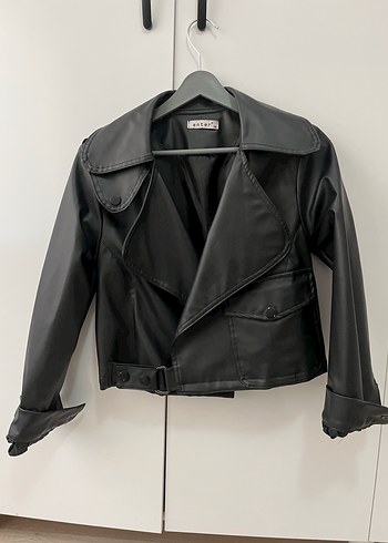 Kadın Siyah Kemerli Biker Deri Ceket - Görsel 2