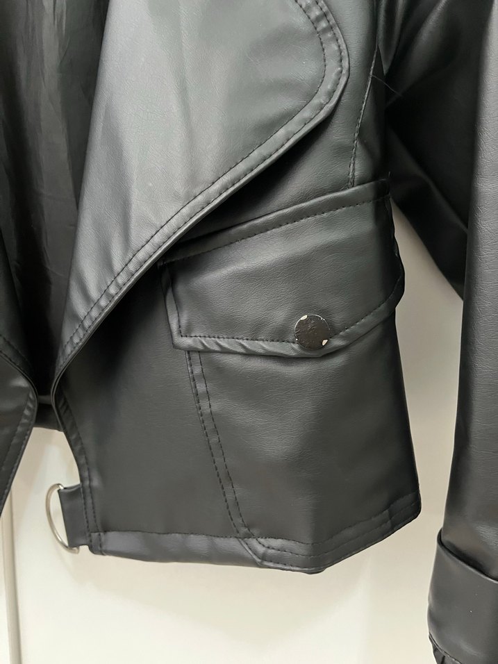 Kadın Siyah Kemerli Biker Deri Ceket - Görsel 5