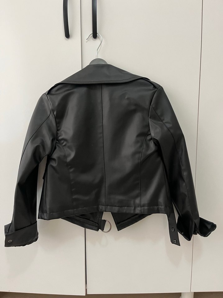 Kadın Siyah Kemerli Biker Deri Ceket - Görsel 4