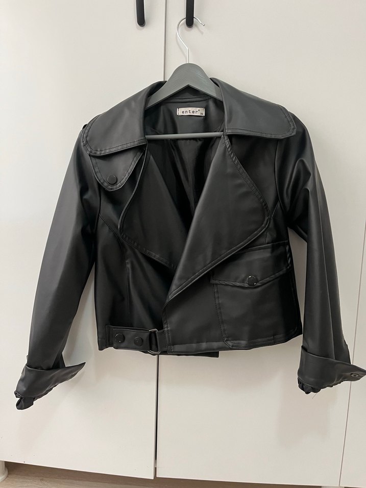 Kadın Siyah Kemerli Biker Deri Ceket - Görsel 2