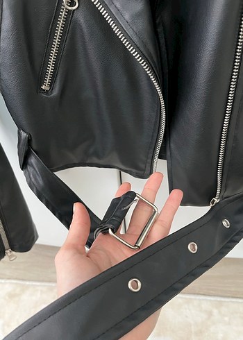 Kadın Siyah Deri Biker Ceket - Görsel 4
