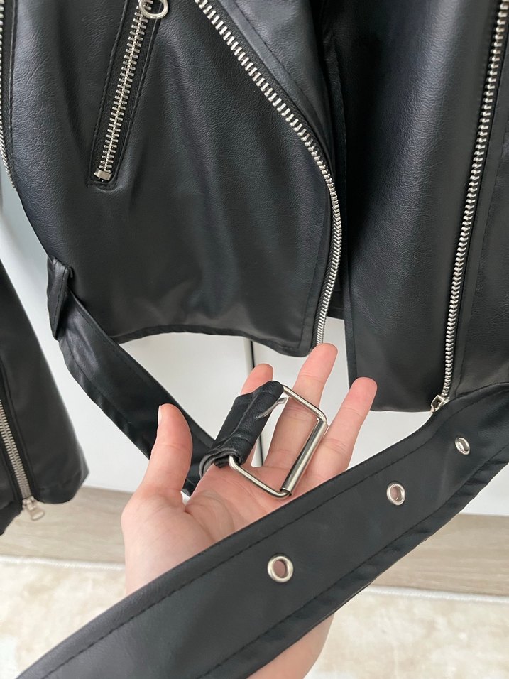 Kadın Siyah Deri Biker Ceket - Görsel 4