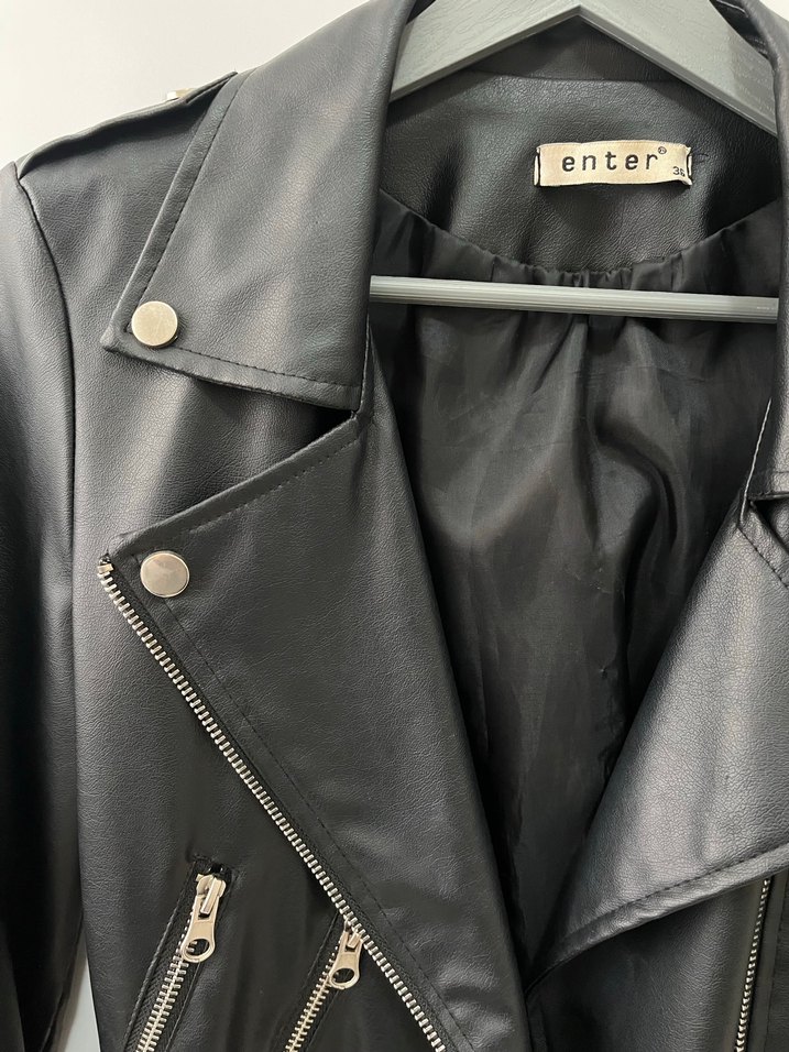 Kadın Siyah Deri Biker Ceket - Görsel 5