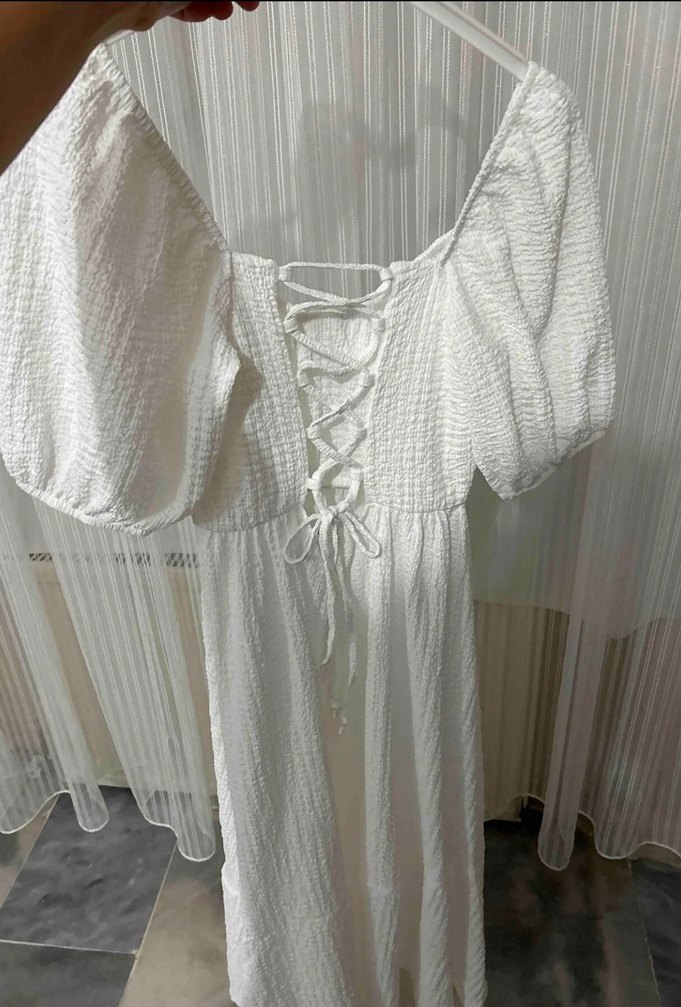 Beyaz Uzun Pamuklu Bohem Elbise - Görsel 3