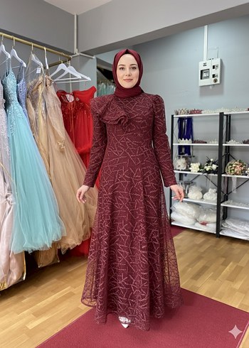 Bordo Tesettür Uzun Abiye Elbise Kınalık Nişanlık