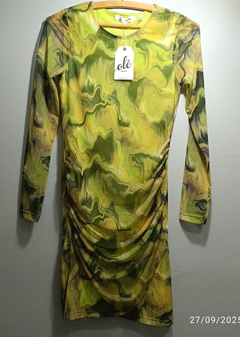 Sarı Batik Desenli Uzun Kollu elbise