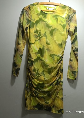 xs Beden sarı Renk Sarı Batik Desenli Uzun Kollu elbise