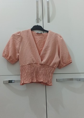 m Beden Pembe V Yaka Kısa Kollu Pilili Keten Bluz