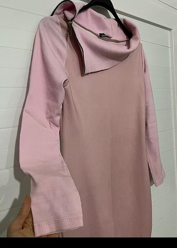 Uzun Kollu Pembe Yüksek Yakalı tunik elbise - Görsel 3