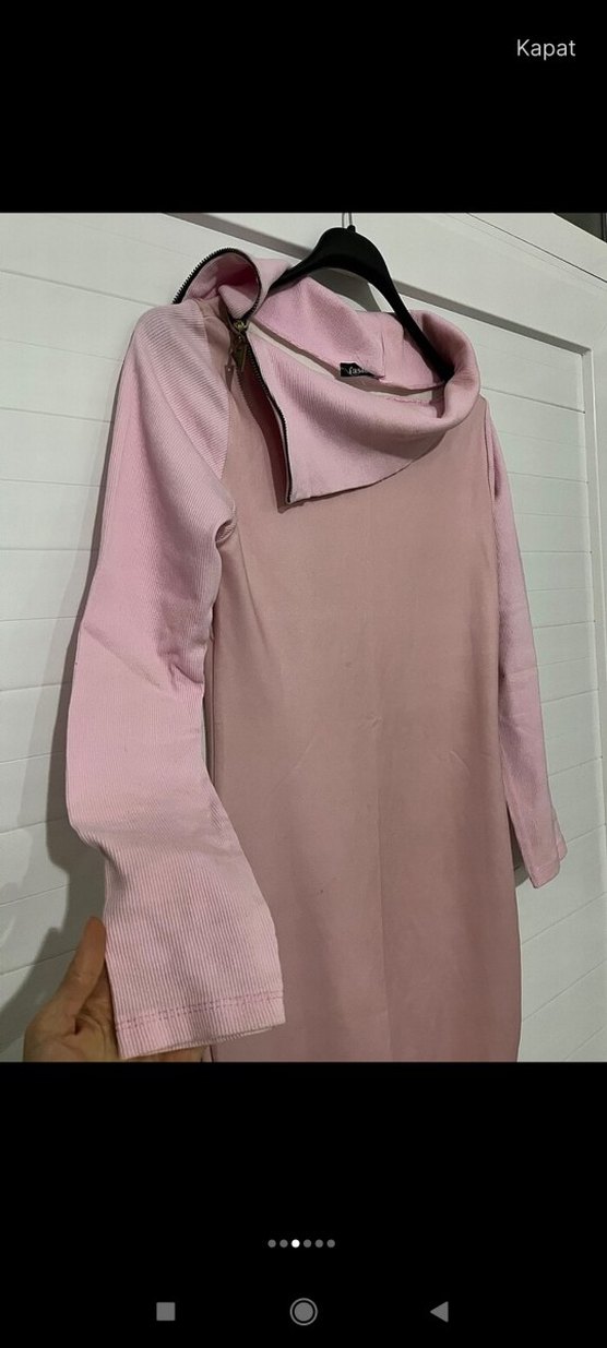 Uzun Kollu Pembe Yüksek Yakalı tunik elbise - Görsel 3