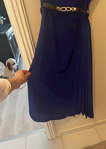 Kemerli Lacivert Halter Yaka Midi Elbise - Görsel 2