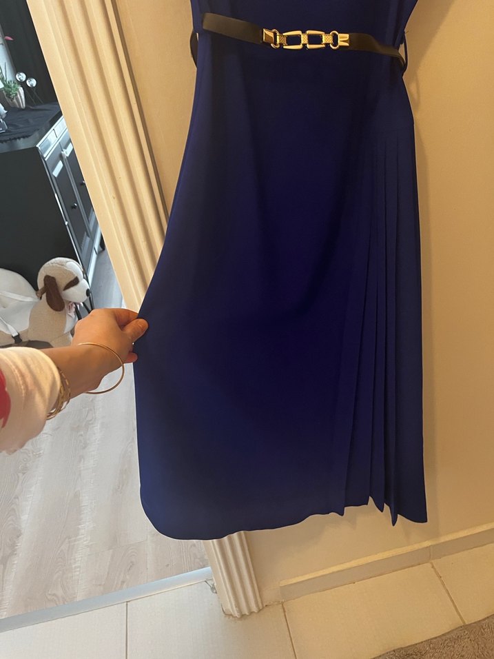 Kemerli Lacivert Halter Yaka Midi Elbise - Görsel 2