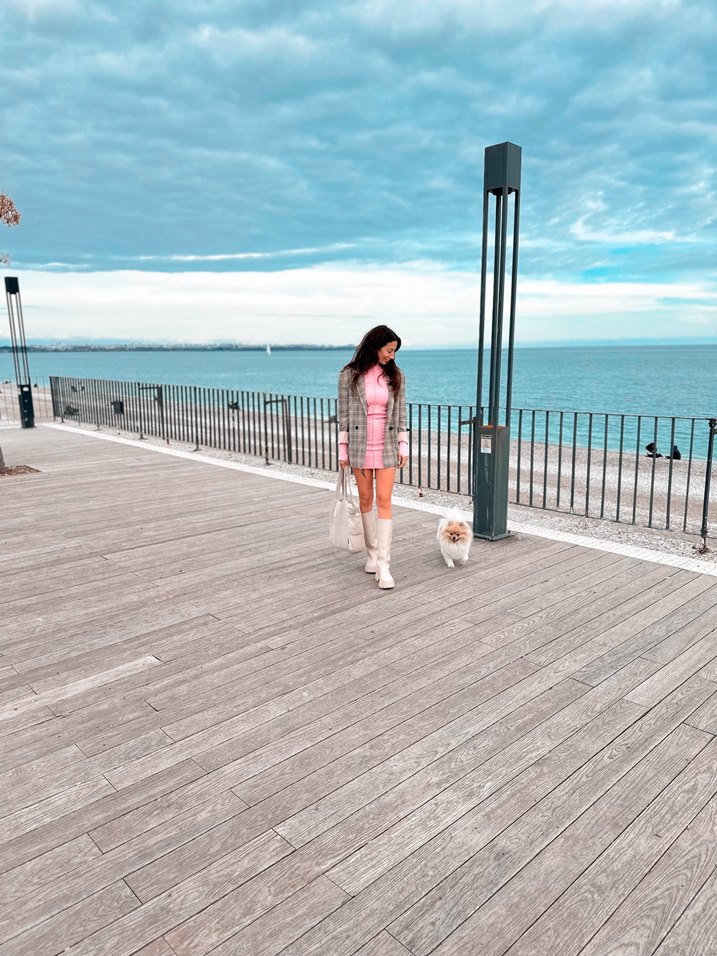 Pembe Mini Yüksek Yakalı  Elbise - Görsel 2