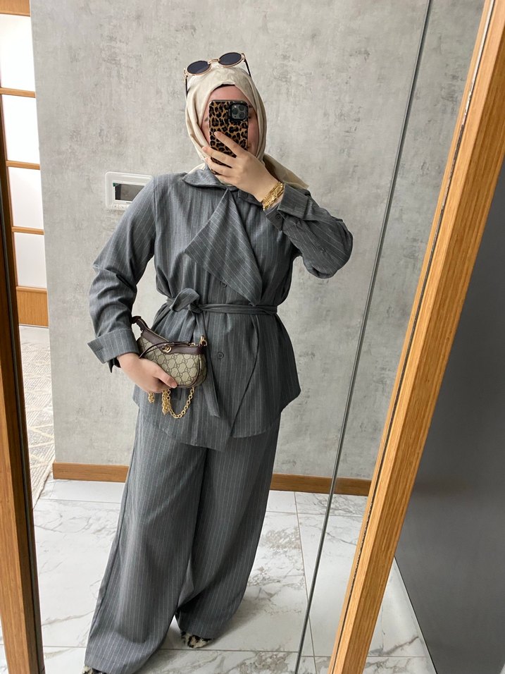 Gri Kemerli Uzun tesettür takım - Görsel 2