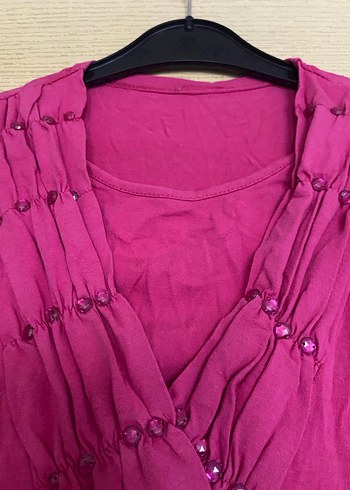 Uzun Kollu Pembe V Yaka Keten Bluz - Görsel 4