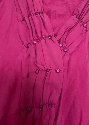 Uzun Kollu Pembe V Yaka Keten Bluz - Görsel 6