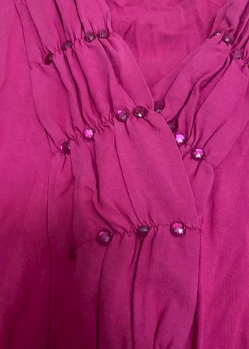 Uzun Kollu Pembe V Yaka Keten Bluz - Görsel 3