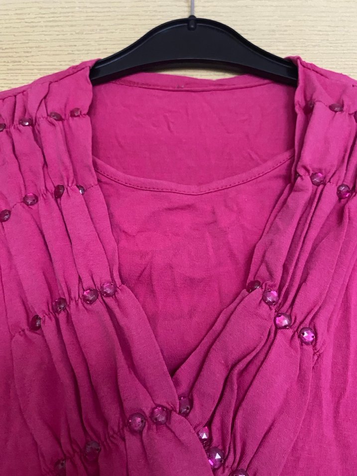 Uzun Kollu Pembe V Yaka Keten Bluz - Görsel 4